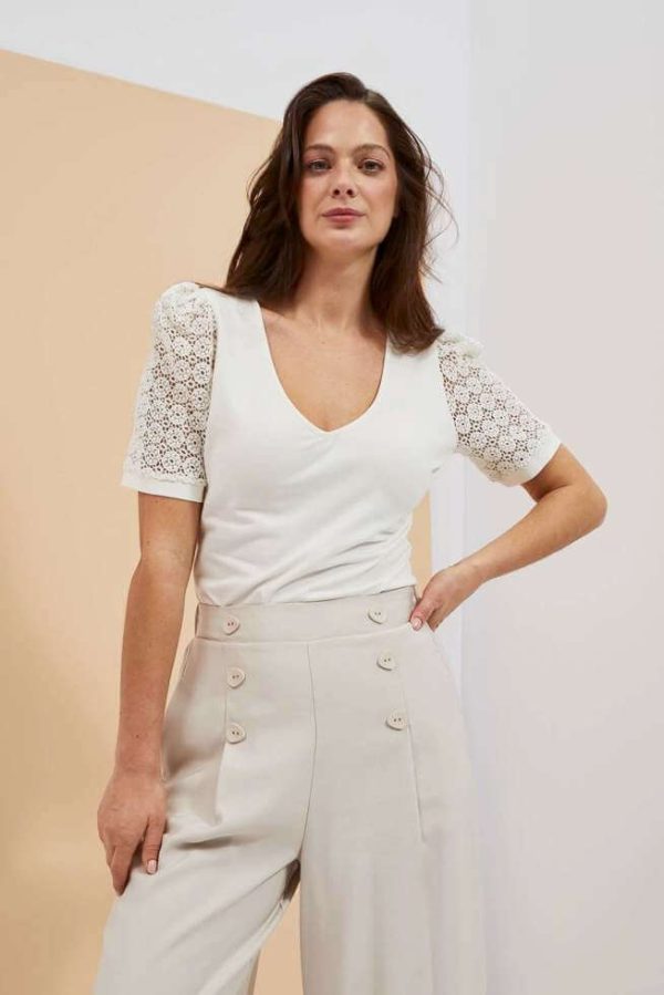 Women's Blouse With Perforated Sleeves Off White-Make Your Image