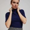Women's Short-Sleeve Blouse with Ribbed Ribbed Navy-Make Your Image