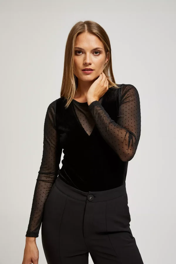 Women's Blouse with Tulle Polka Dots on the Sleeves Black-Make Your Image