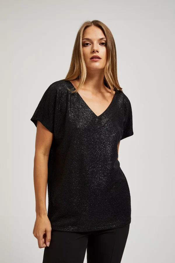 Women's Blouse with V Neck Metallic Black-Make Your Image