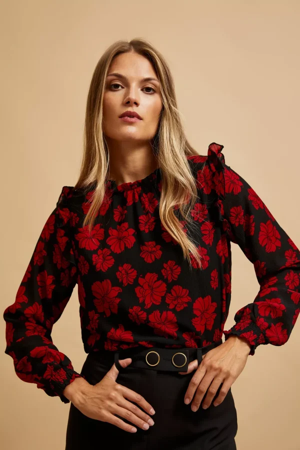 Women's Black Blouse with Red Flowers-Make Your Image
