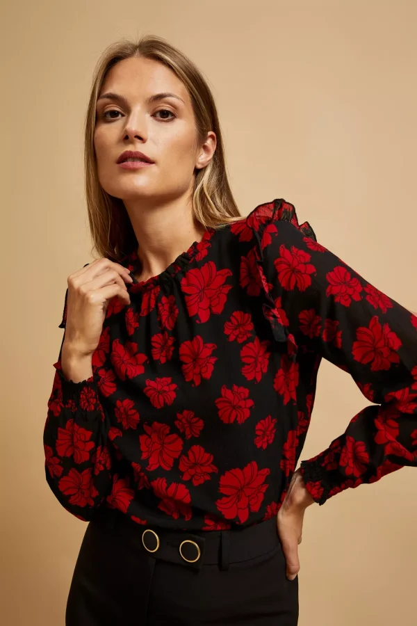 Women's Black Blouse with Red Flowers-Make Your Image