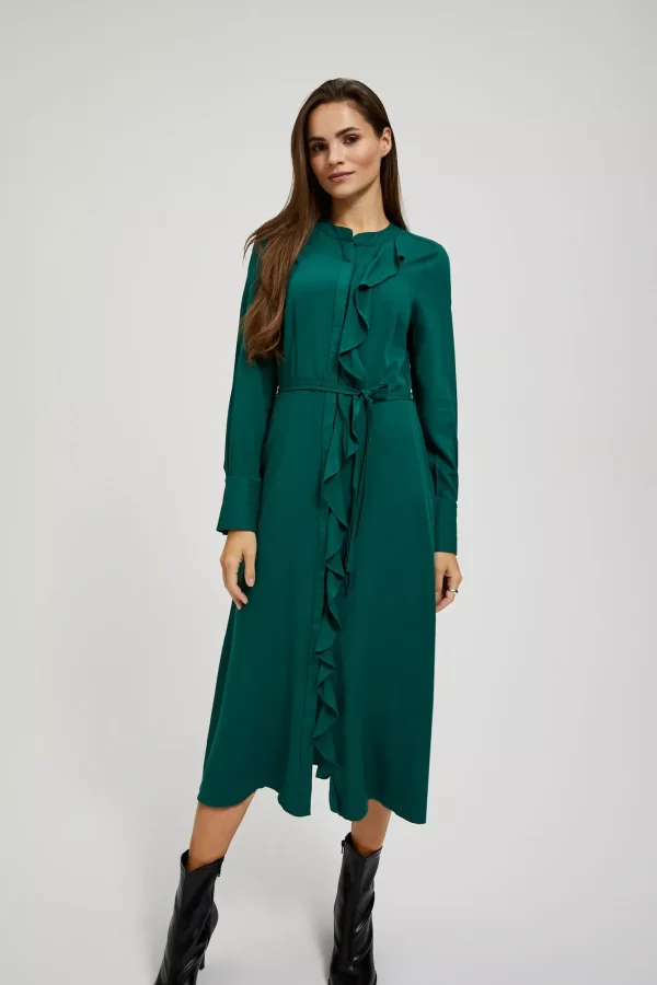 Midi Dress With Decorative Ruffle Front D. Green-Make Your Image