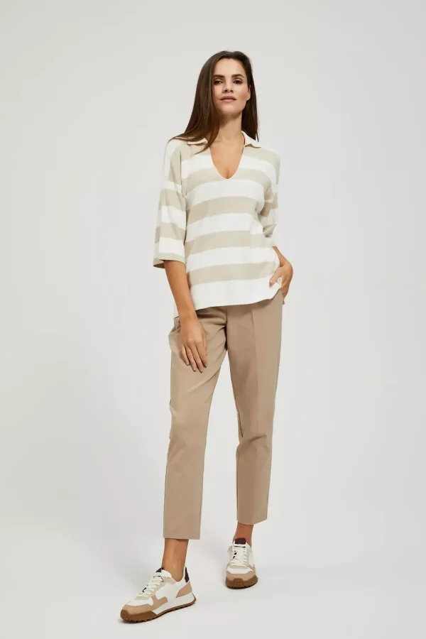 Women's Short Sleeve Sweater with Wide Stripes Light Beige-Make Your Image