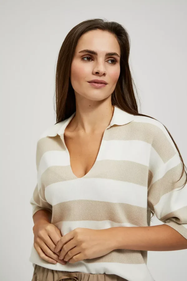 Women's Short Sleeve Sweater with Wide Stripes Light Beige-Make Your Image