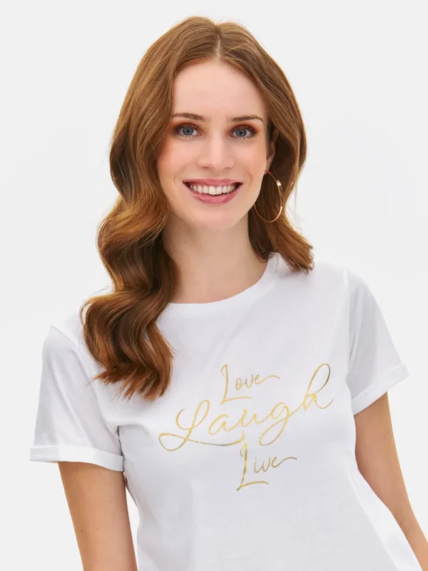 Μπλούζα Γυναικεία Κοντομάνικη με Χρυσά Γράμματα Λευκό-Make Your Image