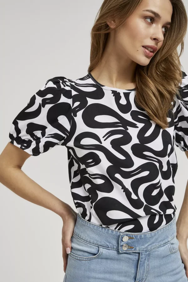 Women's Short Sleeve Blouse with Puff Sleeves White/Black-Make Your Image