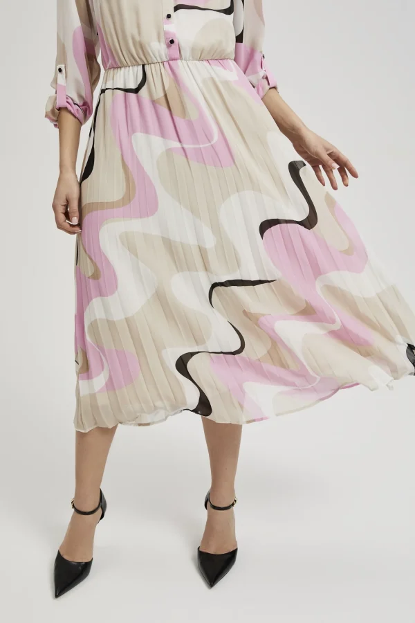 Beige Pleated Dress with Geometric Patterns-Make Your Image