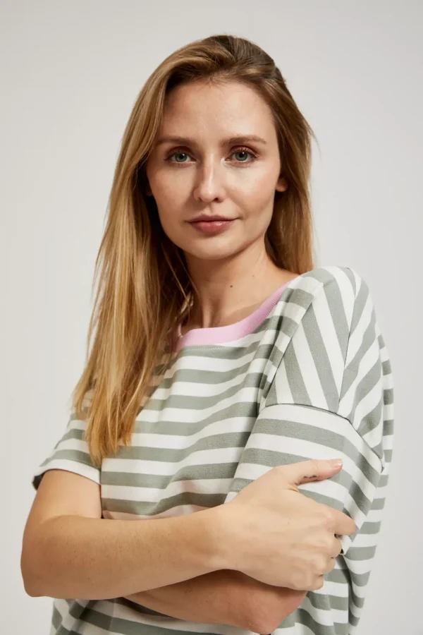 Women's Short-Sleeve Blouse with Olive Stripes-Make Your Image