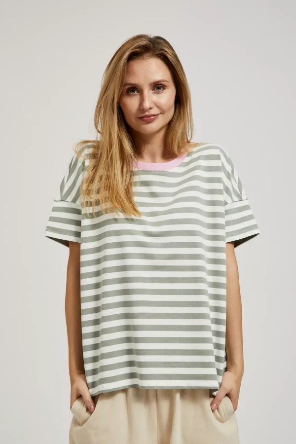 Women's Short-Sleeve Blouse with Olive Stripes-Make Your Image