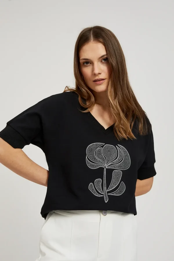 Women's short sleeve blouse with rhinestones Black-Make Your Image