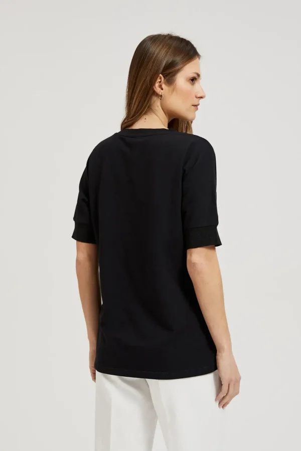 Women's short sleeve blouse with rhinestones Black-Make Your Image