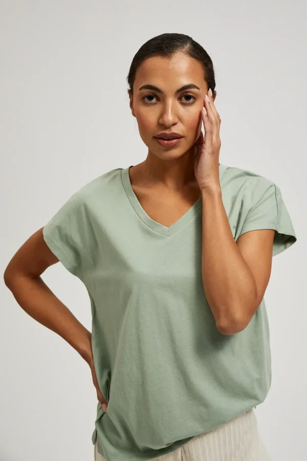Women's Blouse with V and Short Sleeve Olive-Make Your Image
