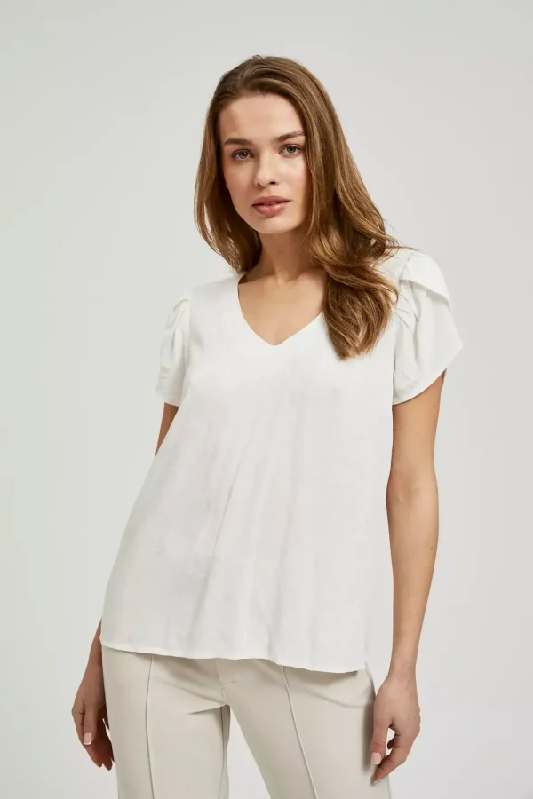 Blouse Women's V-Neck Short Sleeve Off White-Make Your Image