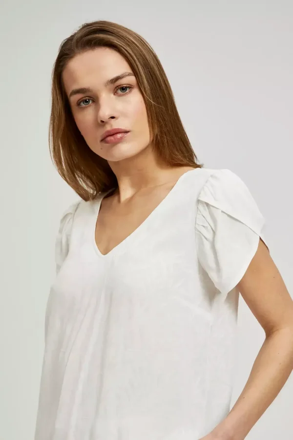 Blouse Women's V-Neck Short Sleeve Off White-Make Your Image