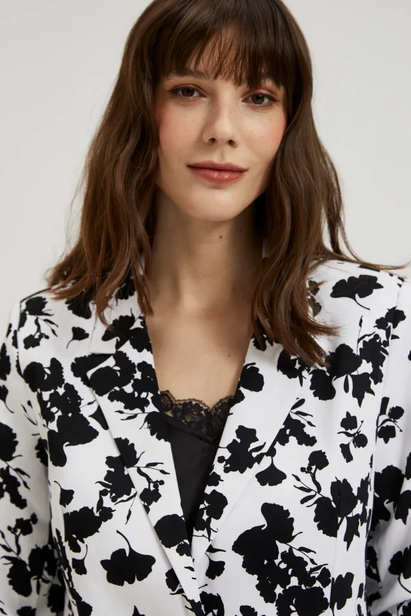 Women's Floral Jacket with 3/4 Sleeves White/Black-Make Your Image
