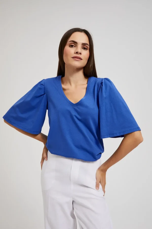 Blouse Women's Short Sleeve V-Neck Blue-Make Your Image