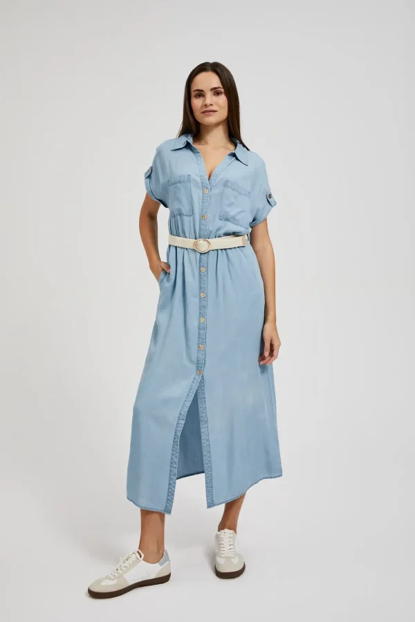 Short Sleeve Midi Dress With Buttons Blue-Make Your Image